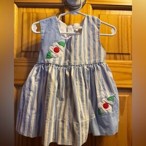 Vintage, paper tag, Blue and White Striped Dress with Floral Embroidery